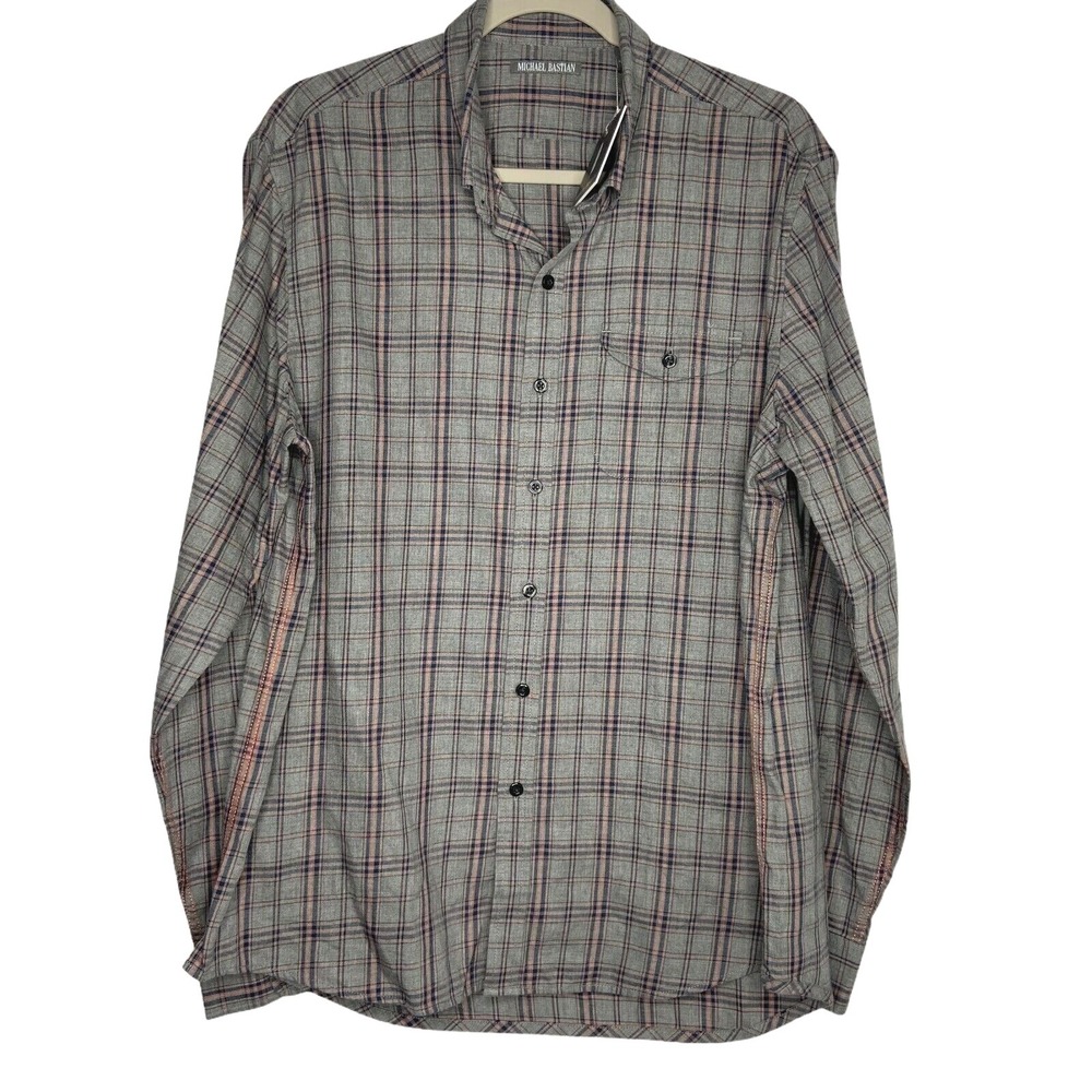 NWT Michael Bastian Mens Shirt Large L Gray Plaid Long Sleeve Button Down Cotton